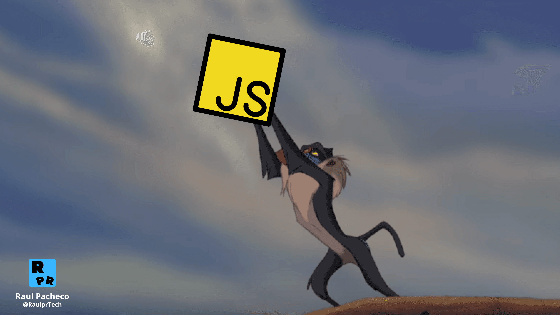 Nacimiento de JavaScript -Meme simio levantando el logo de JavaScript