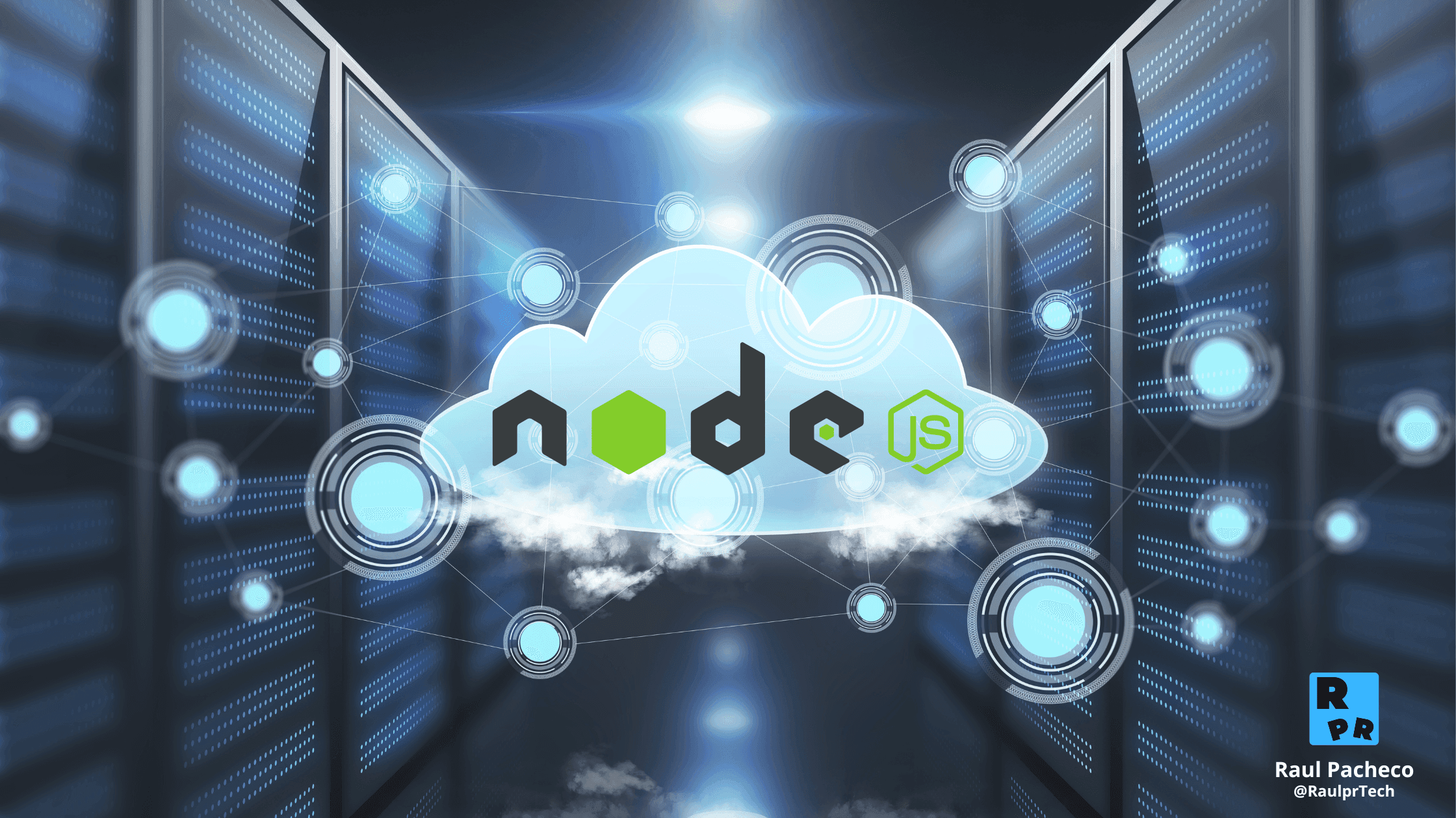 Logo de Node.js frente a un servidor