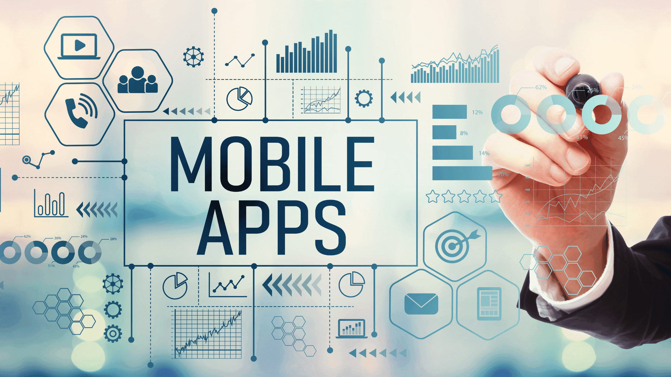 Desarrollo de Aplicaciones Móviles - Múltiples logos de apps dibujados en un pizarrón